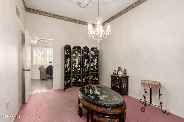 11109 W Granada Dr, Sun City, AZ 85373 - living area with baseboards, carpet floors, visible vents, and a chandelier