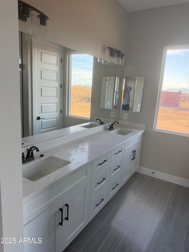 bathroom featuring hardwood / wood-style flooring and vanity