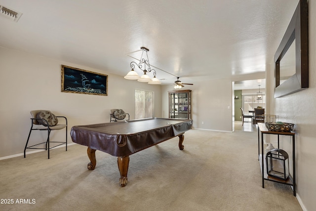 playroom with light carpet and billiards