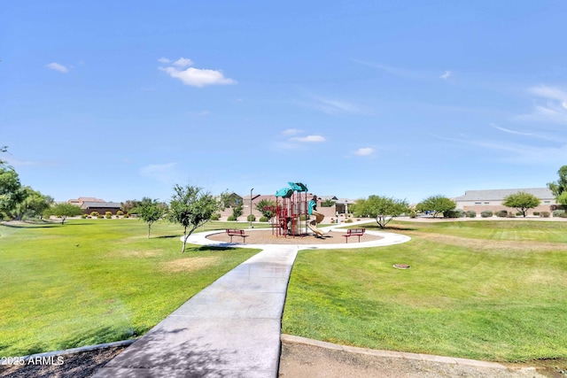 view of playground featuring a lawn