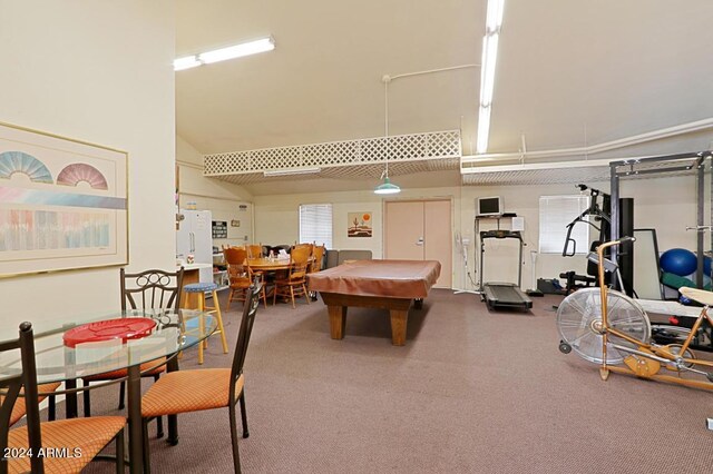 rec room with high vaulted ceiling and pool table