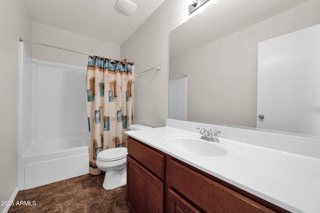 bathroom with vanity, shower / bath combo with shower curtain, and toilet