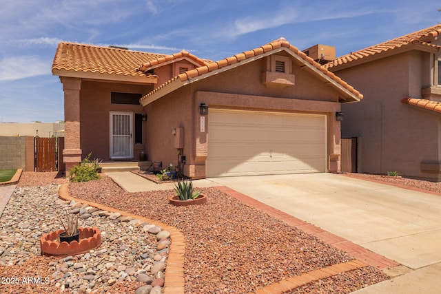 4114 E Muirwood Dr, Phoenix, AZ 85048 - mediterranean / spanish home with stucco siding, a garage, a tiled roof, and concrete driveway
