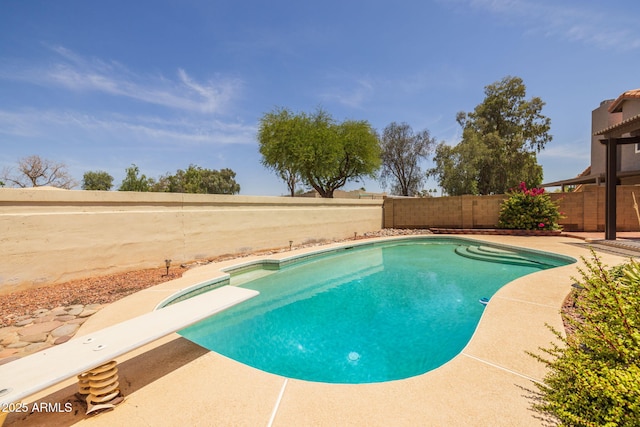 4114 E Muirwood Dr, Phoenix, AZ 85048 - view of pool featuring a diving board, a fenced backyard, and a patio area