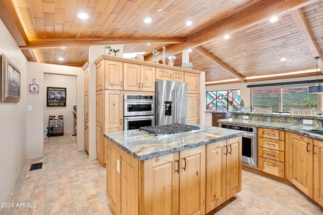 kitchen featuring wooden ceiling, stainless steel appliances, a kitchen island, and dark stone counters