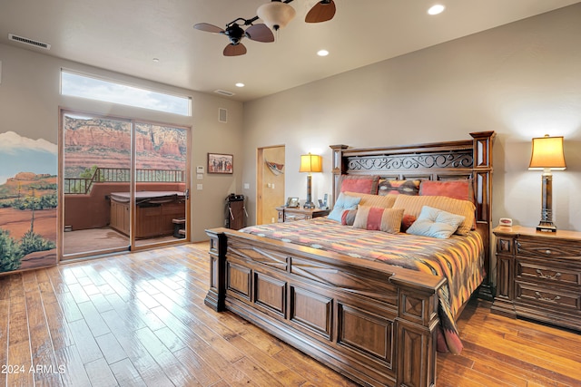 bedroom with ceiling fan, access to outside, and light wood-type flooring