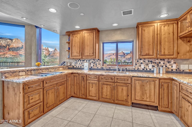 kitchen with sink, a wealth of natural light, and light stone counters