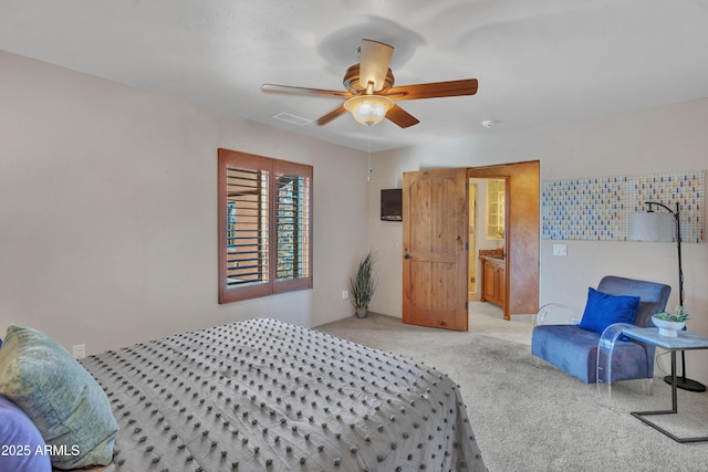 carpeted bedroom featuring ceiling fan