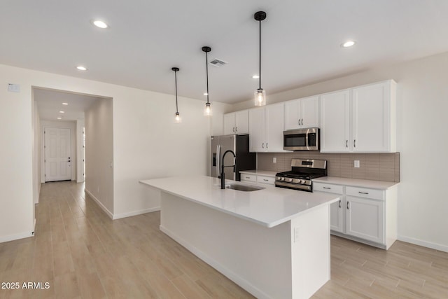 kitchen featuring white cabinets, decorative backsplash, stainless steel appliances, light wood-style floors, and a sink