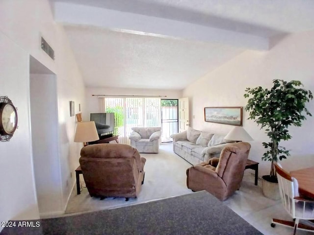 living room featuring light carpet and vaulted ceiling with beams