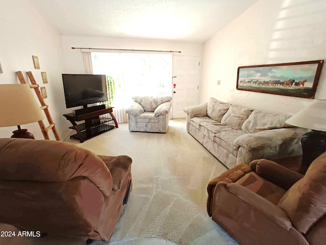 carpeted living room featuring lofted ceiling