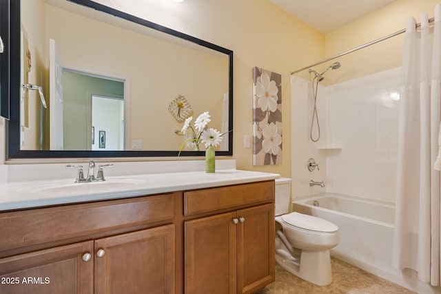 full bathroom featuring vanity, shower / bath combination with curtain, and toilet