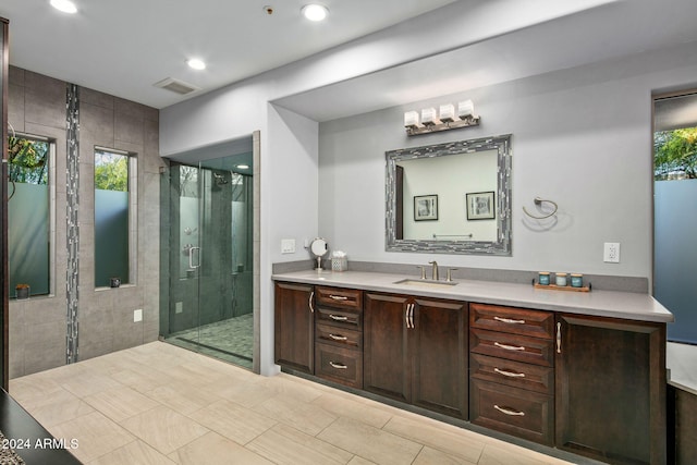 bathroom with vanity, plenty of natural light, and walk in shower