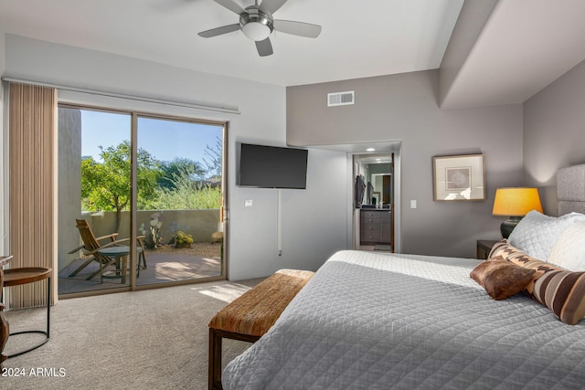 carpeted bedroom featuring ceiling fan and access to outside