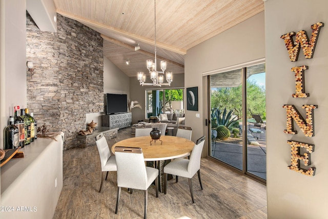 dining room featuring wood ceiling, hardwood / wood-style flooring, beam ceiling, high vaulted ceiling, and a notable chandelier