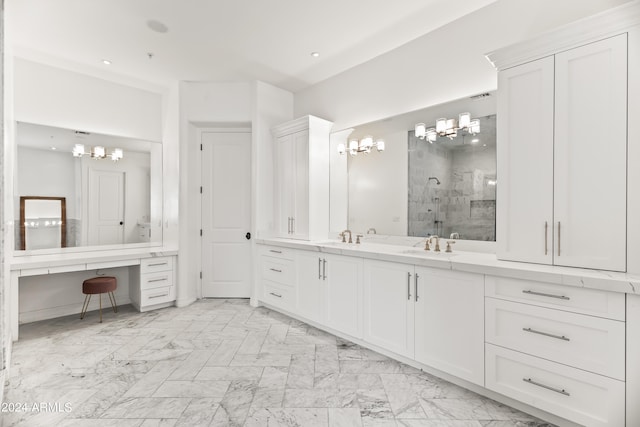 bathroom featuring vanity and a shower with door