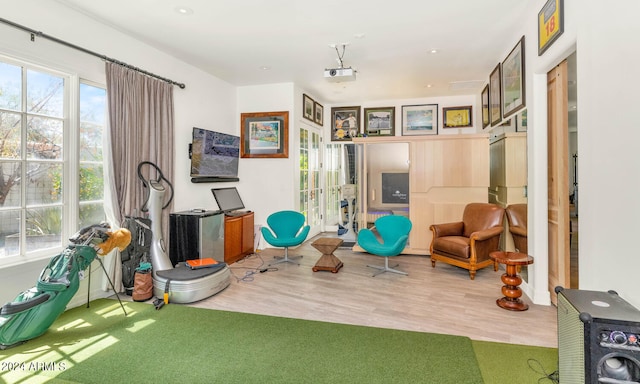 workout room featuring golf simulator and hardwood / wood-style flooring