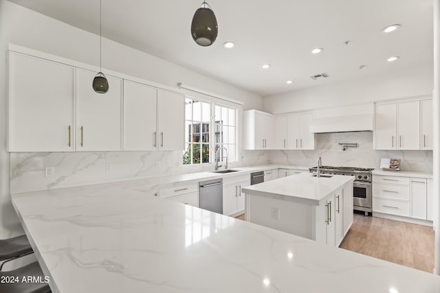 kitchen with pendant lighting, stainless steel appliances, white cabinetry, and premium range hood