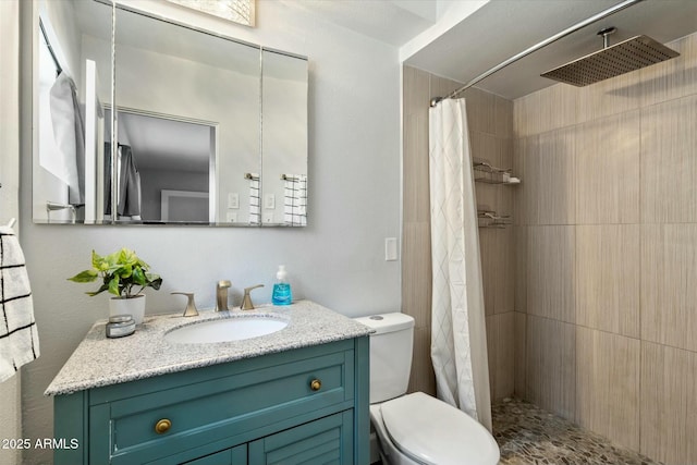 bathroom with vanity, curtained shower, and toilet