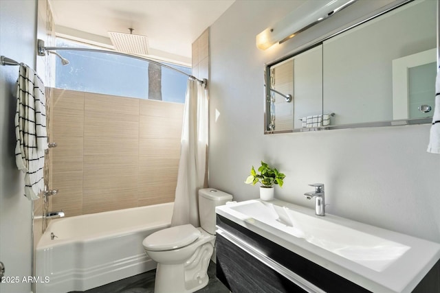 full bathroom with vanity, shower / tub combo with curtain, and toilet