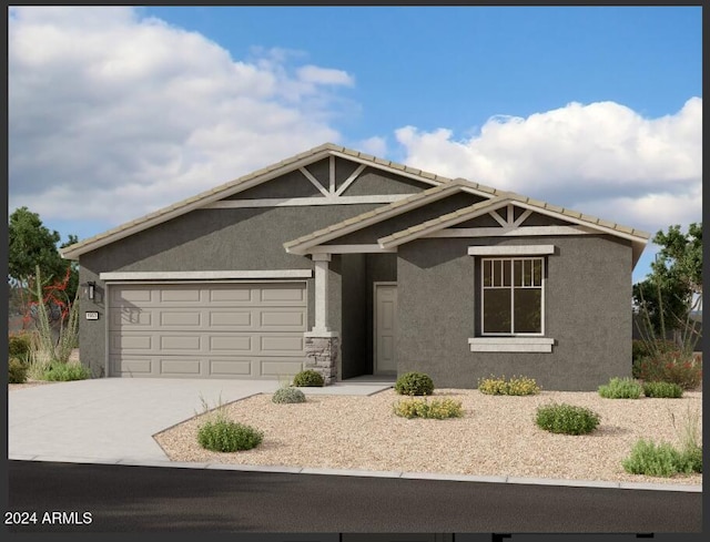 view of front facade featuring an attached garage, driveway, stone siding, a tiled roof, and stucco siding