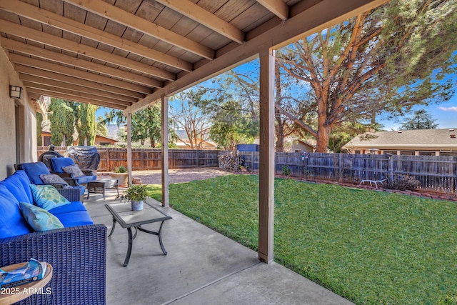 view of patio with an outdoor hangout area and a fenced backyard