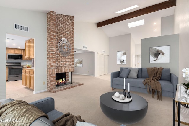 living room featuring a fireplace, beam ceiling, light colored carpet, and high vaulted ceiling