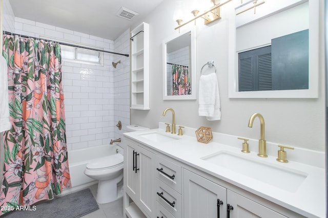 bathroom featuring a sink, visible vents, shower / bath combo, and double vanity