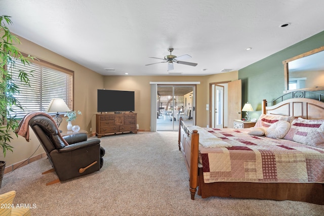 bedroom featuring ceiling fan, access to outside, and carpet floors