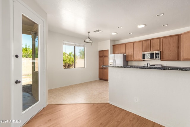 kitchen featuring light hardwood / wood-style flooring, appliances with stainless steel finishes, and pendant lighting