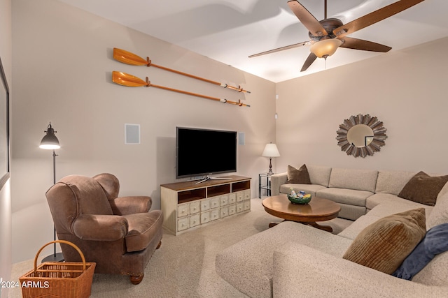 carpeted living room featuring ceiling fan and visible vents