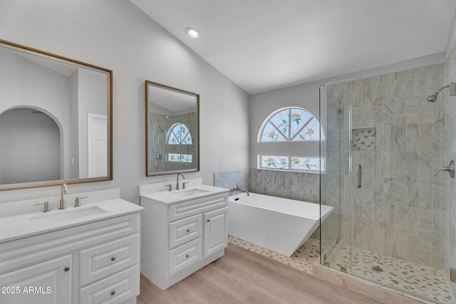 full bathroom with a sink, a stall shower, and wood finished floors