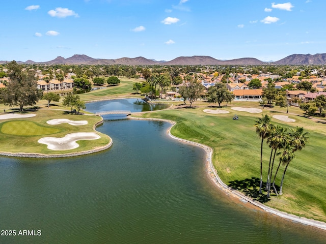 bird's eye view with a residential view, golf course view, and a water and mountain view
