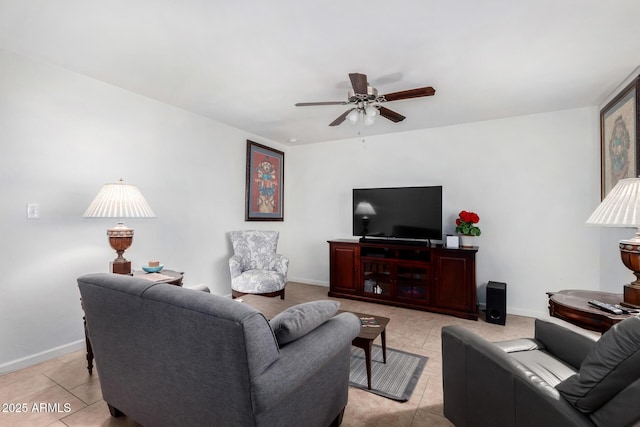 tiled living room featuring ceiling fan