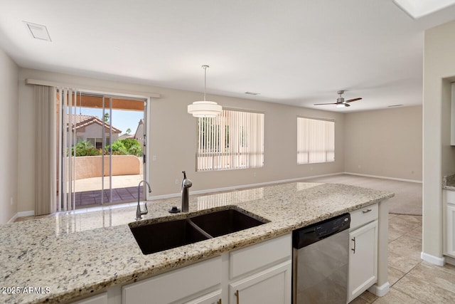 20007 N Siesta Rock Dr, Surprise, AZ 85374 - kitchen featuring stainless steel dishwasher, a sink, white cabinetry, and light stone countertops