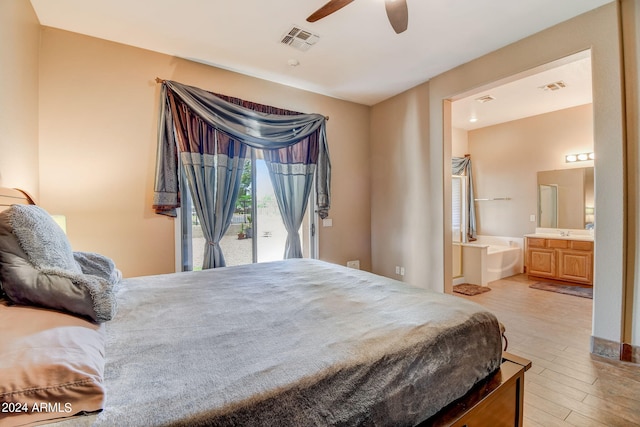 bedroom with access to outside, ceiling fan, sink, connected bathroom, and light hardwood / wood-style floors