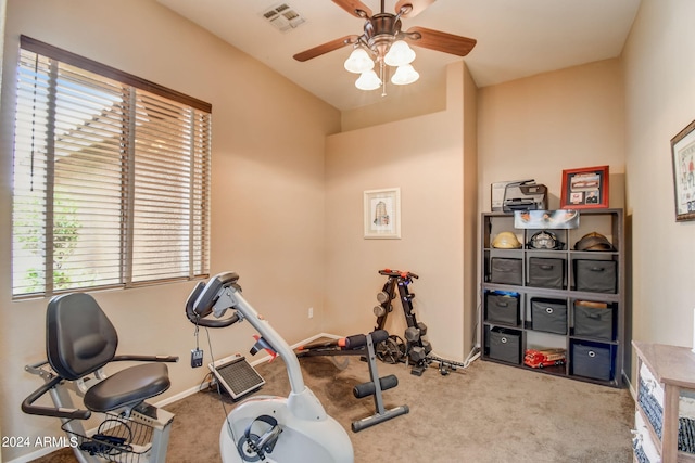 workout area with carpet flooring, plenty of natural light, and ceiling fan