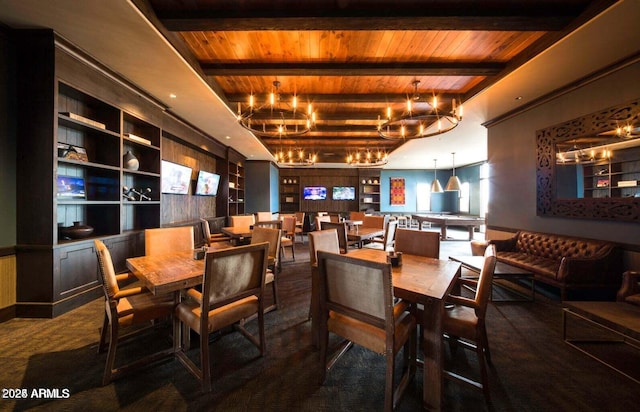 carpeted dining space with beamed ceiling, an inviting chandelier, built in features, and wood ceiling