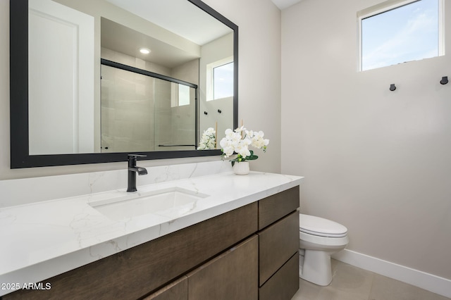 full bath featuring vanity, toilet, a shower stall, and plenty of natural light