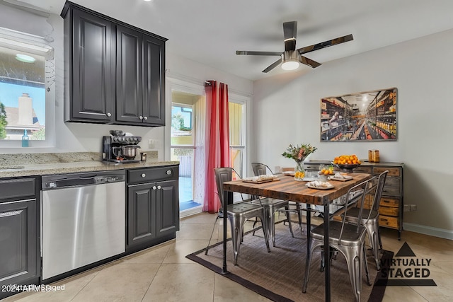 tiled dining room with ceiling fan