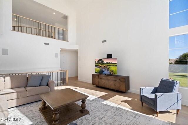 living room featuring light hardwood / wood-style flooring and a high ceiling