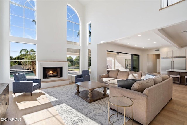 living room with a high ceiling and light hardwood / wood-style flooring