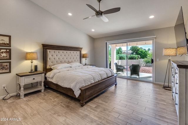 bedroom featuring ceiling fan, light hardwood / wood-style flooring, access to exterior, and high vaulted ceiling