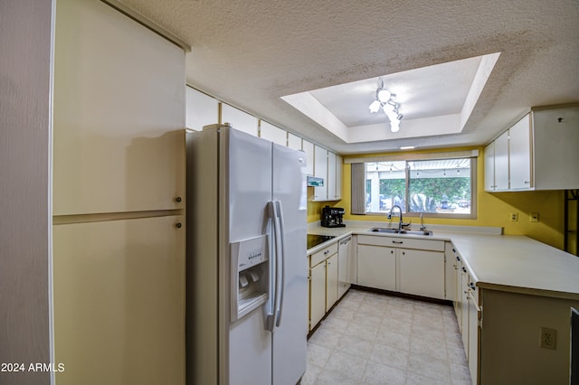 kitchen featuring a tray ceiling, white cabinetry, appliances with stainless steel finishes, sink, and a textured ceiling