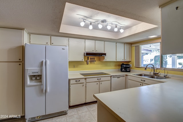 kitchen featuring white cabinetry, stainless steel dishwasher, white fridge with ice dispenser, a tray ceiling, and sink