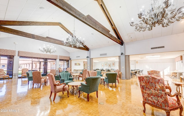 dining area featuring high vaulted ceiling, parquet flooring, a notable chandelier, and beamed ceiling