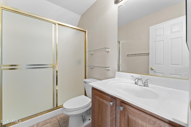 full bath with vanity, tile patterned flooring, a shower stall, and toilet