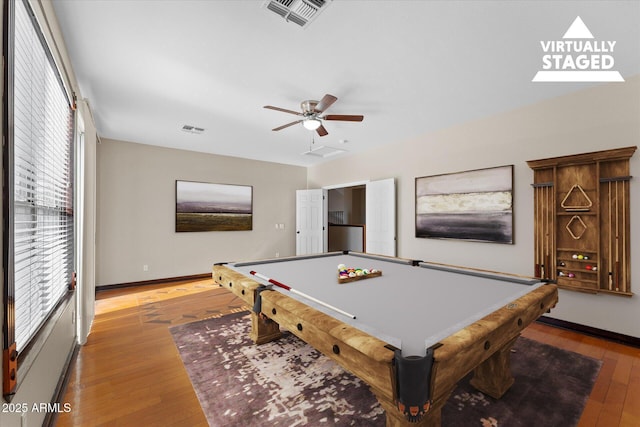 game room featuring visible vents, billiards, baseboards, and hardwood / wood-style flooring