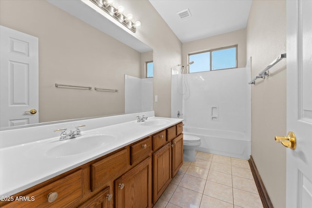 full bath with toilet, visible vents, a sink, and tile patterned floors