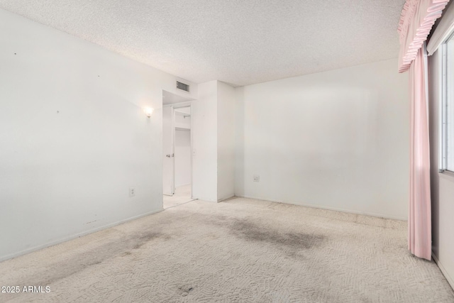 empty room featuring light carpet and a textured ceiling